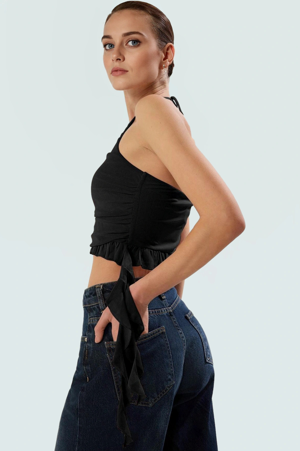 Örme Kumaş Krop Bluz Halter Yaka Fitted Kolsuz Yazlık Yüksek Kalite Premium