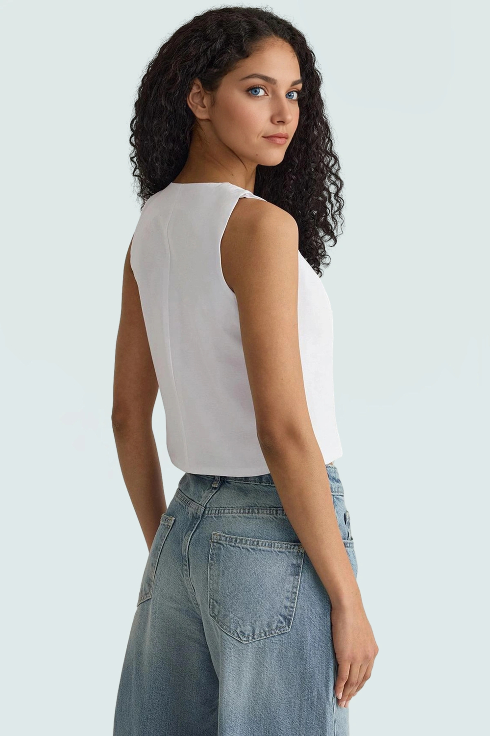 Günlük Kombinlere Uygun Terrycotton Dokuma Bluz Kalp Yaka Askılı Fitted Modern Stil