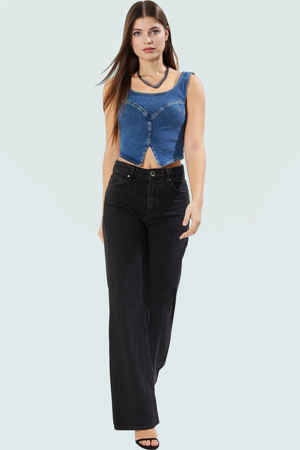 Denim Crop Bluz Fitted Kalıp Kare Yaka Yazlık Özel Tasarım Modern Stil Şık Görünüm