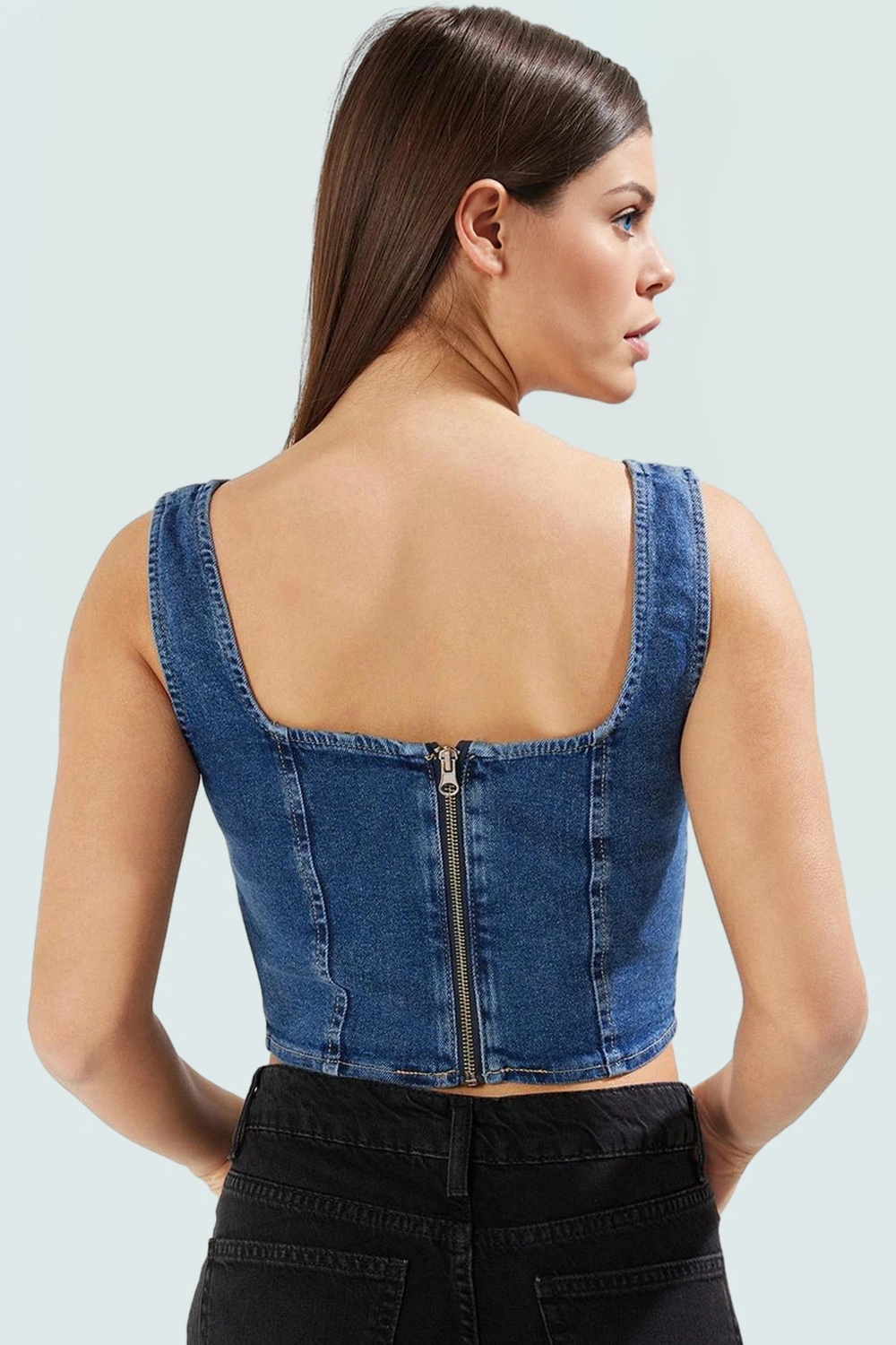 Denim Crop Bluz Fitted Kalıp Kare Yaka Yazlık Özel Tasarım Modern Stil Şık Görünüm