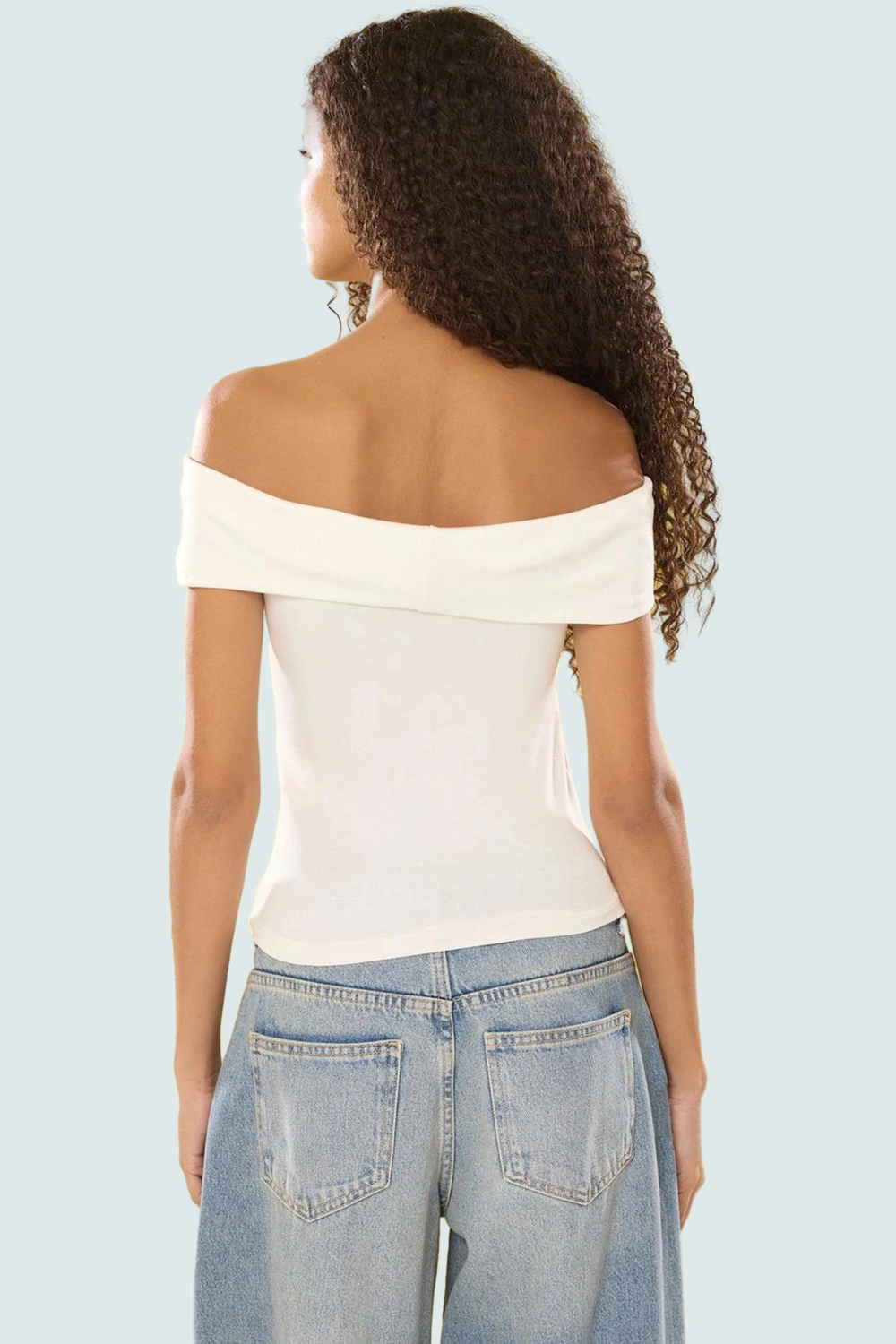 Fitted Crop Bluz Renk Carmen Yaka 97% Viskoz Yazlık Şık Görünüm Uzun Ömürlü