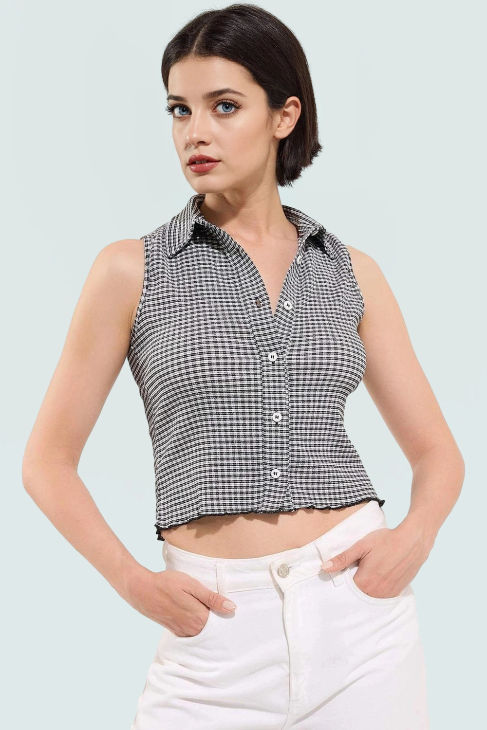 Kadın Kolsuz Fitted Örme Bluz Ekose Günlük Kombinler Kullanım İçin Özel Tasarım