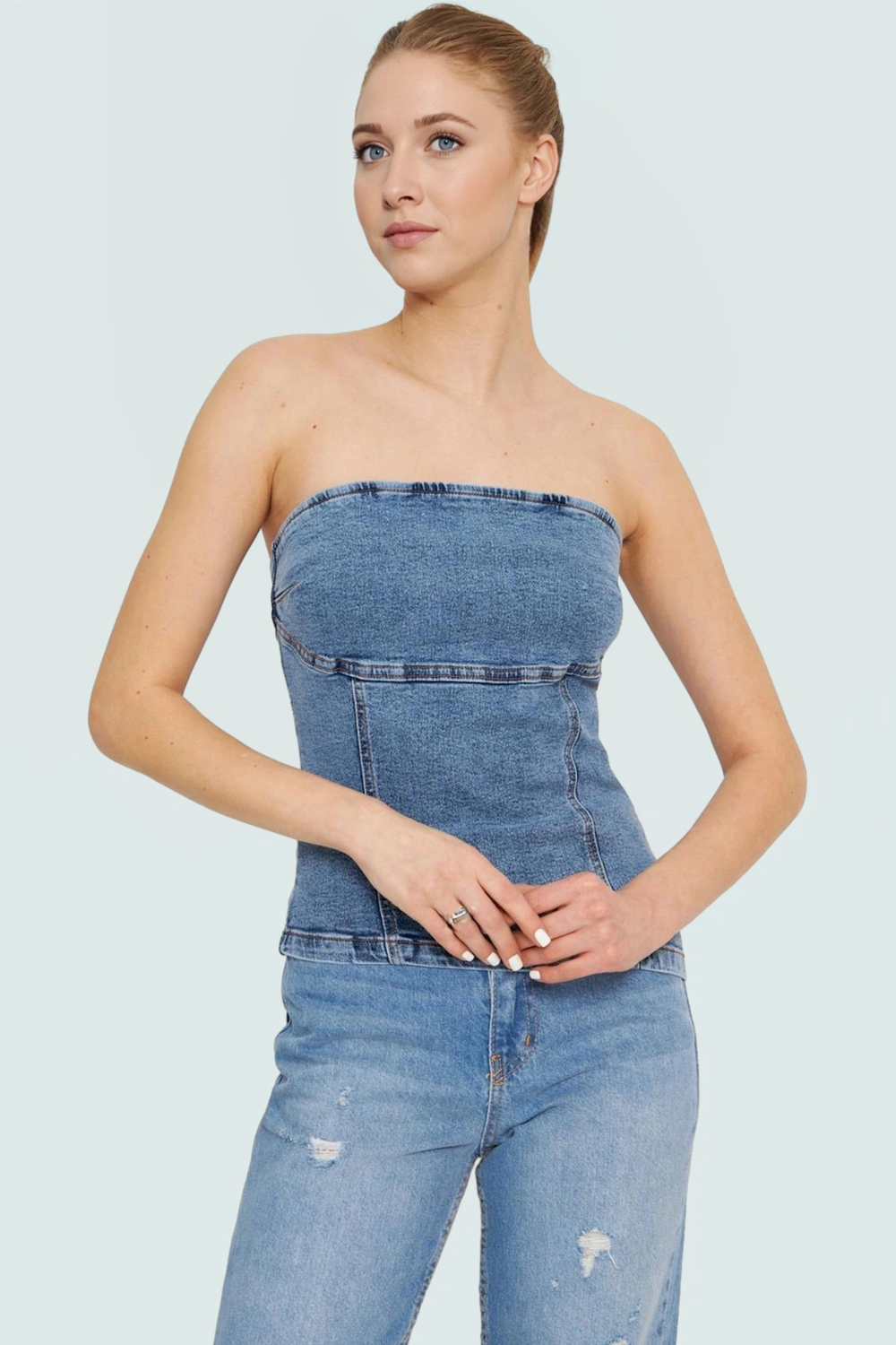 Straplez Denim Bluz Fitted Kalıp Stretch Kumaş Yazlık Yüksek Kalite Rahat Kullanım