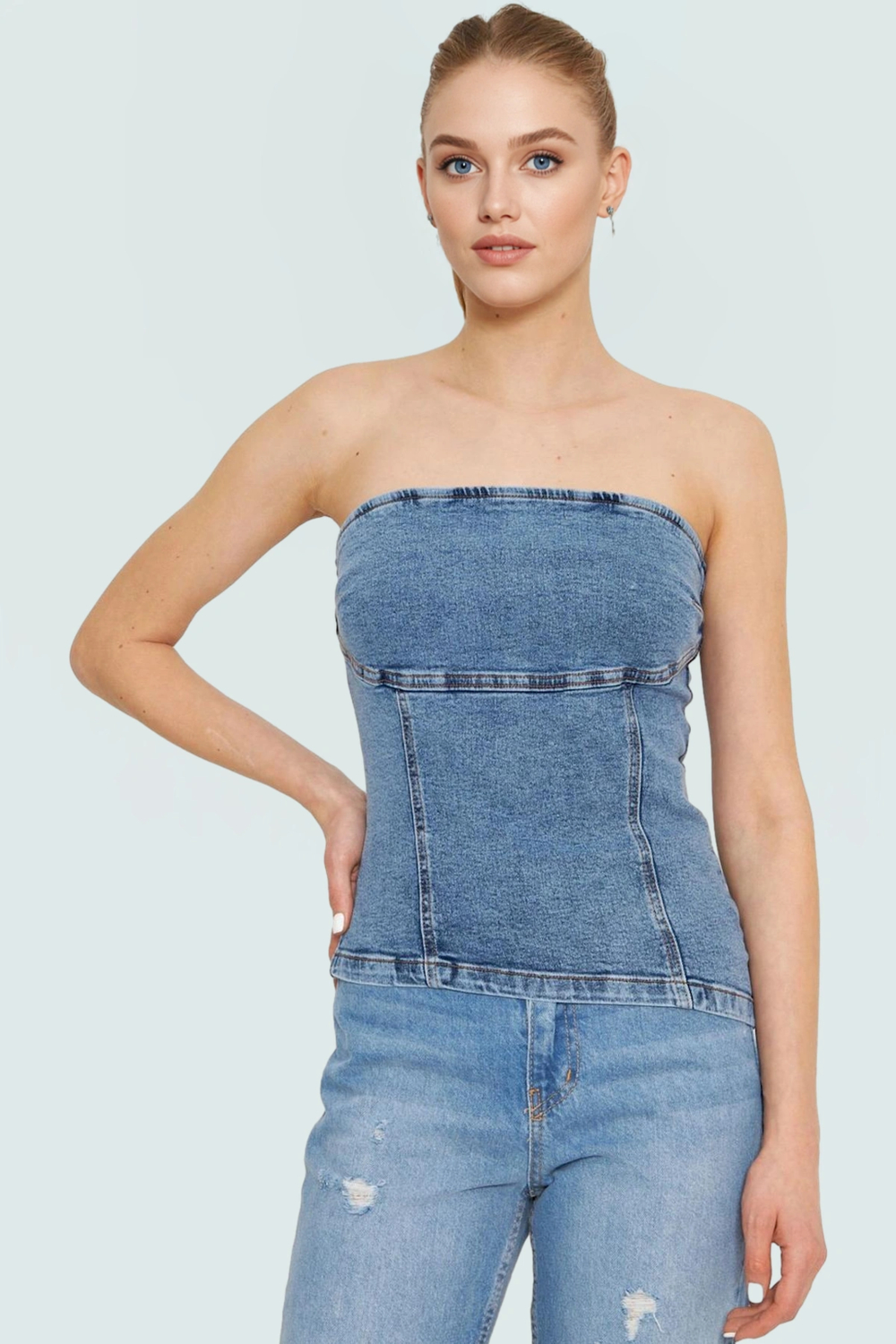 Straplez Denim Bluz Fitted Kalıp Stretch Kumaş Yazlık Yüksek Kalite Rahat Kullanım
