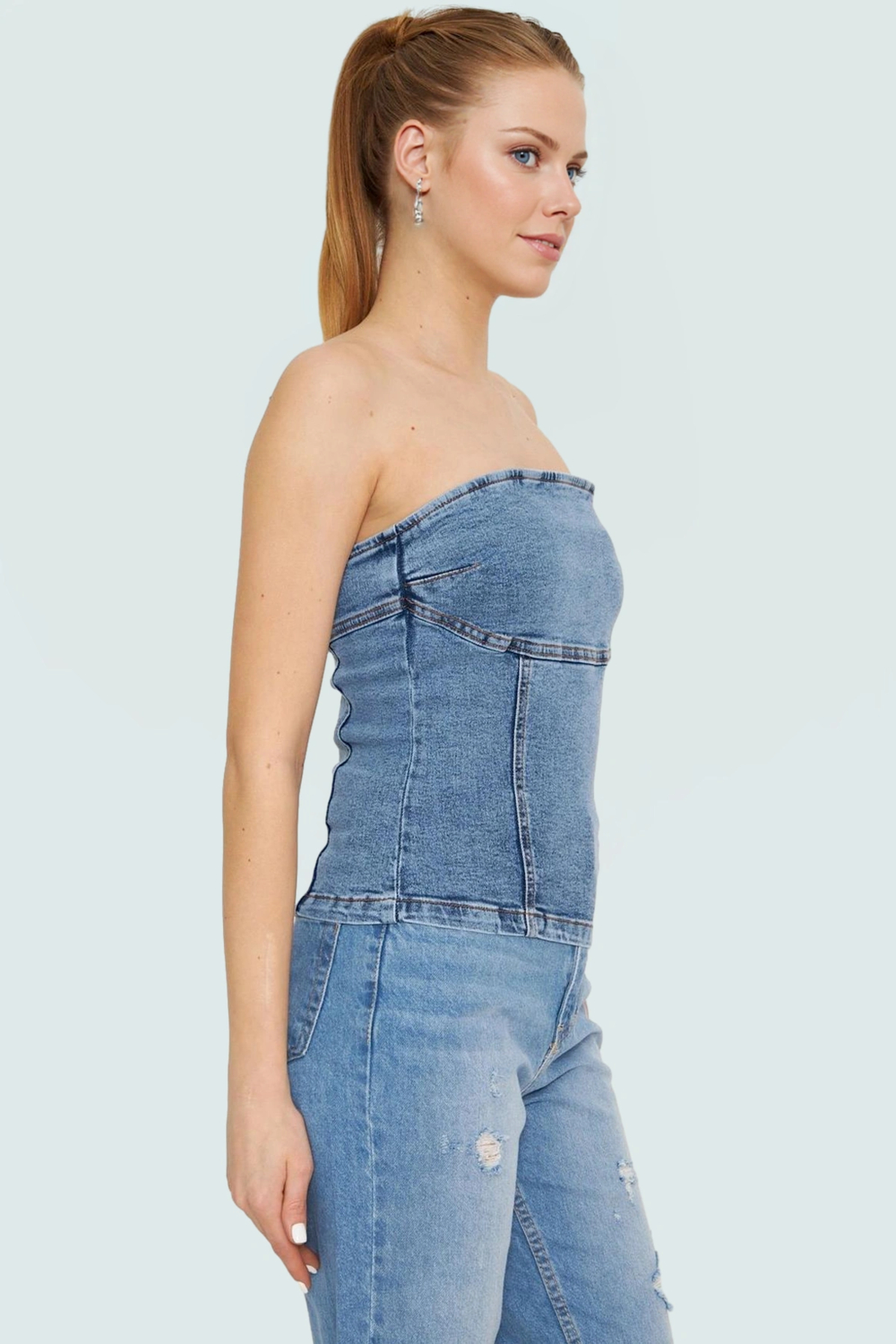 Straplez Denim Bluz Fitted Kalıp Stretch Kumaş Yazlık Yüksek Kalite Rahat Kullanım