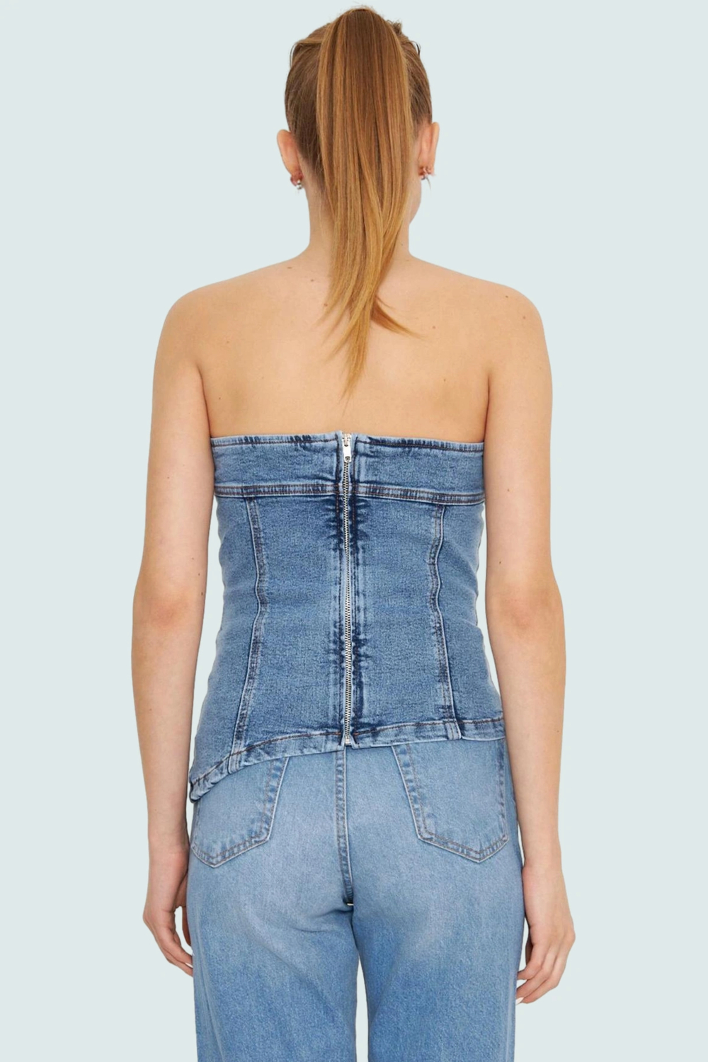Straplez Denim Bluz Fitted Kalıp Stretch Kumaş Yazlık Yüksek Kalite Rahat Kullanım