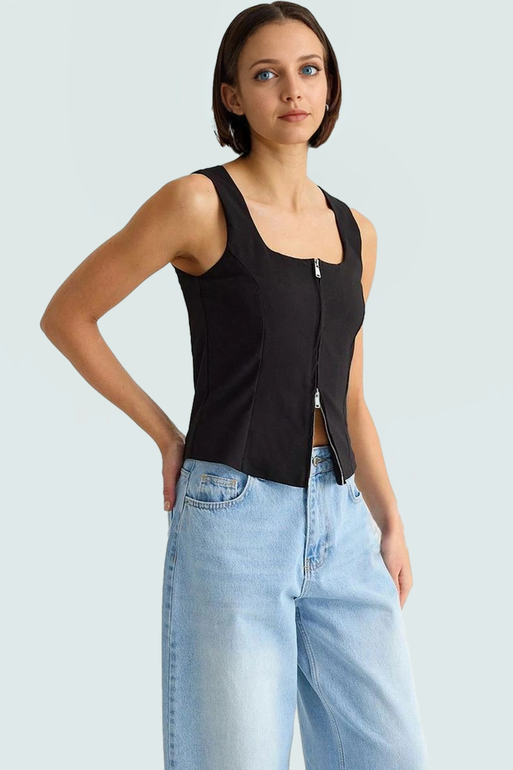 Fitted Poliviskon Bluz Bisiklet Yaka Kolsuz Crop Günlük Tarz Kullanım İçin