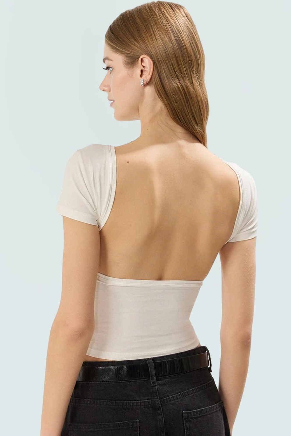 Şık Crop Bluz Nefes Alan Örme Kumaş Sırt Dekolteli Fitted Kalıp Günlük Kullanım İçin