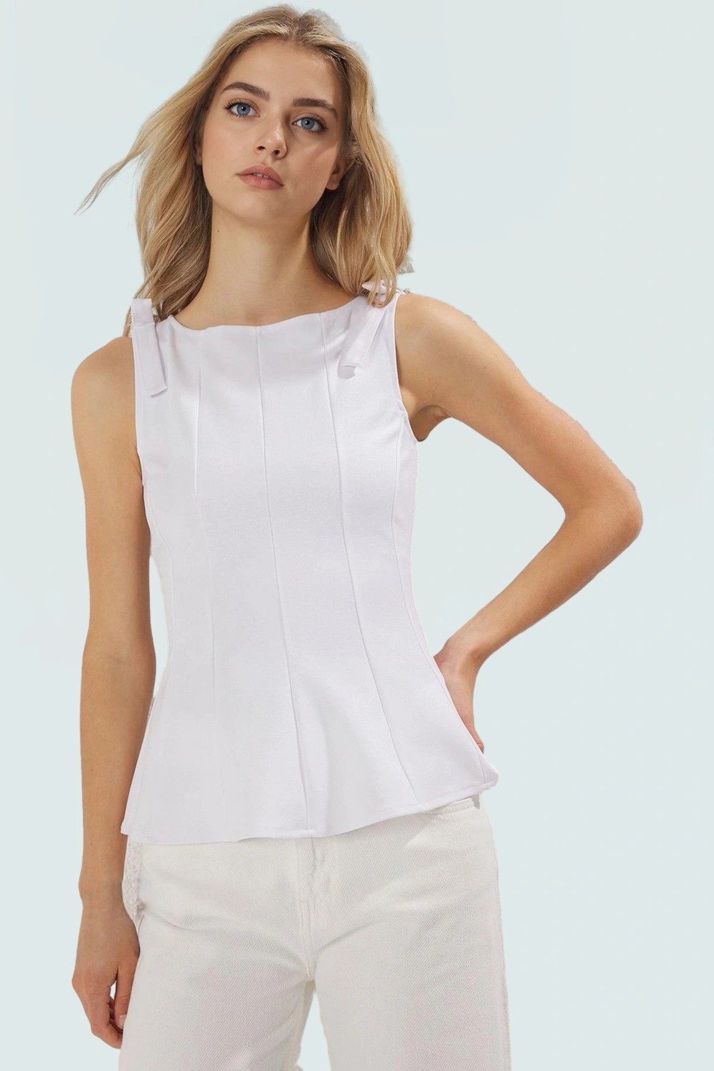 Kolsuz Örme Bluz Peplum Kesim Bisiklet Yaka Yazlık ve Şık Mükemmel Uyum Modern Stil