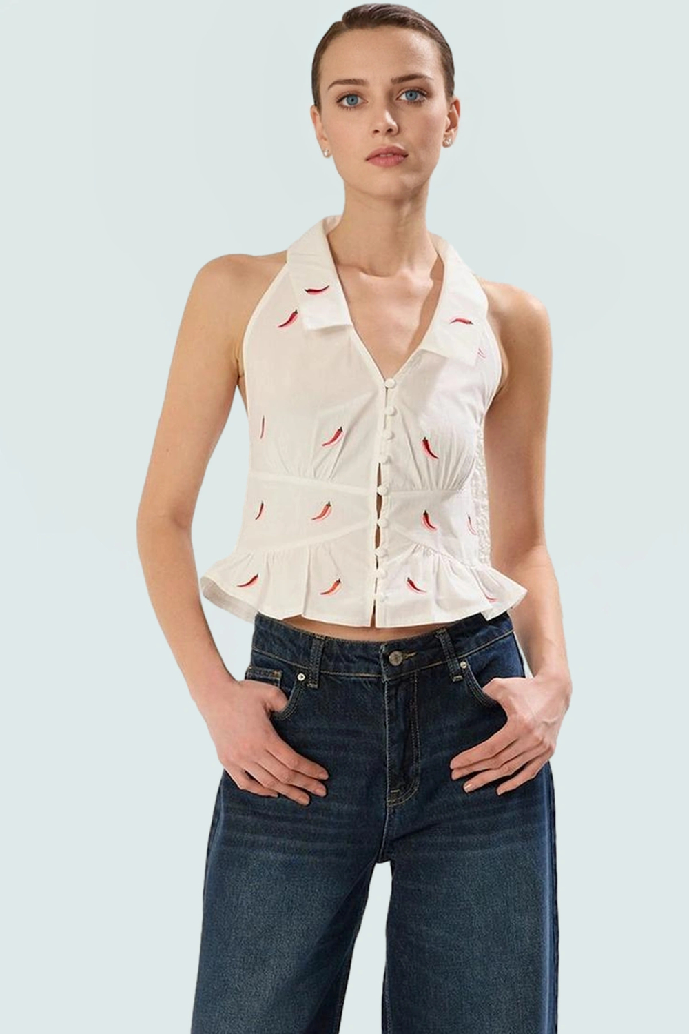 Pamuklu Terrycotton Crop Bluz Fitted Kalıp Biber Nakış Detaylı Kaliteli İşçilik
