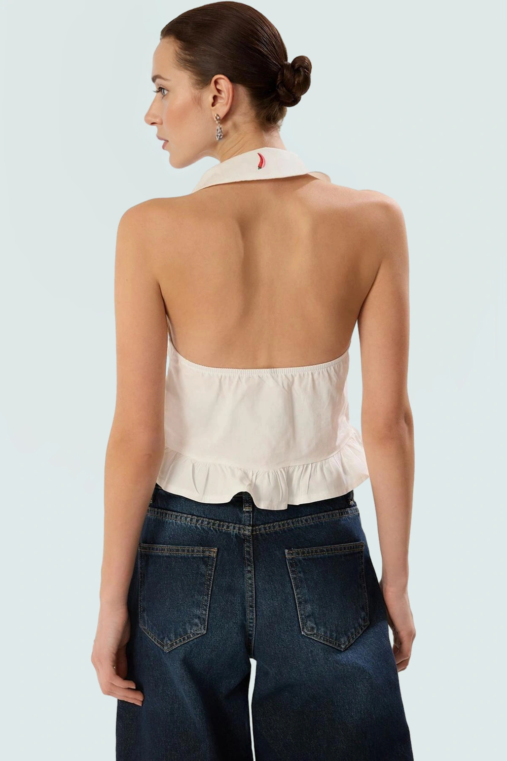 Pamuklu Terrycotton Crop Bluz Fitted Kalıp Biber Nakış Detaylı Kaliteli İşçilik