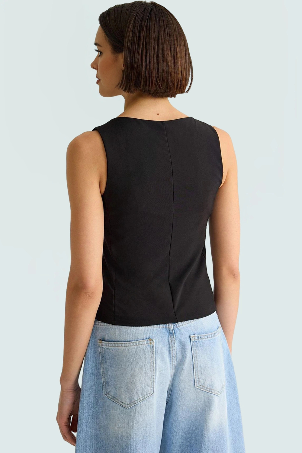 Fitted Poliviskon Bluz Bisiklet Yaka Kolsuz Crop Günlük Tarz Kullanım İçin