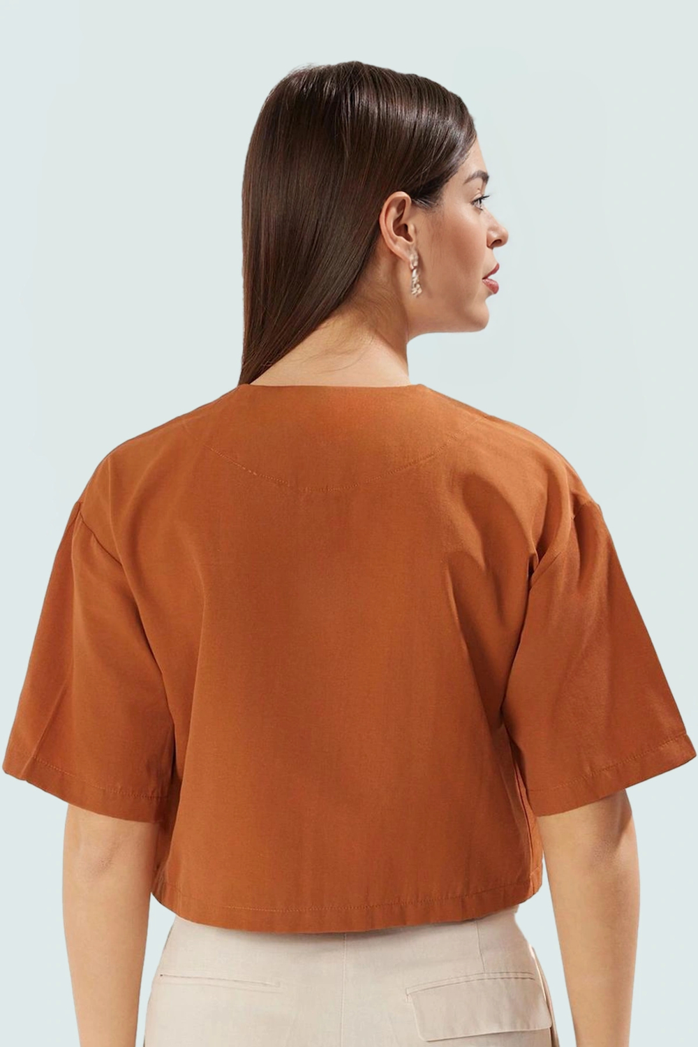 Önden Bağcıklı Crop Bluz V Yaka Dokuma Terrycotton Kumaş Rahat Günlük Trend Tasarım