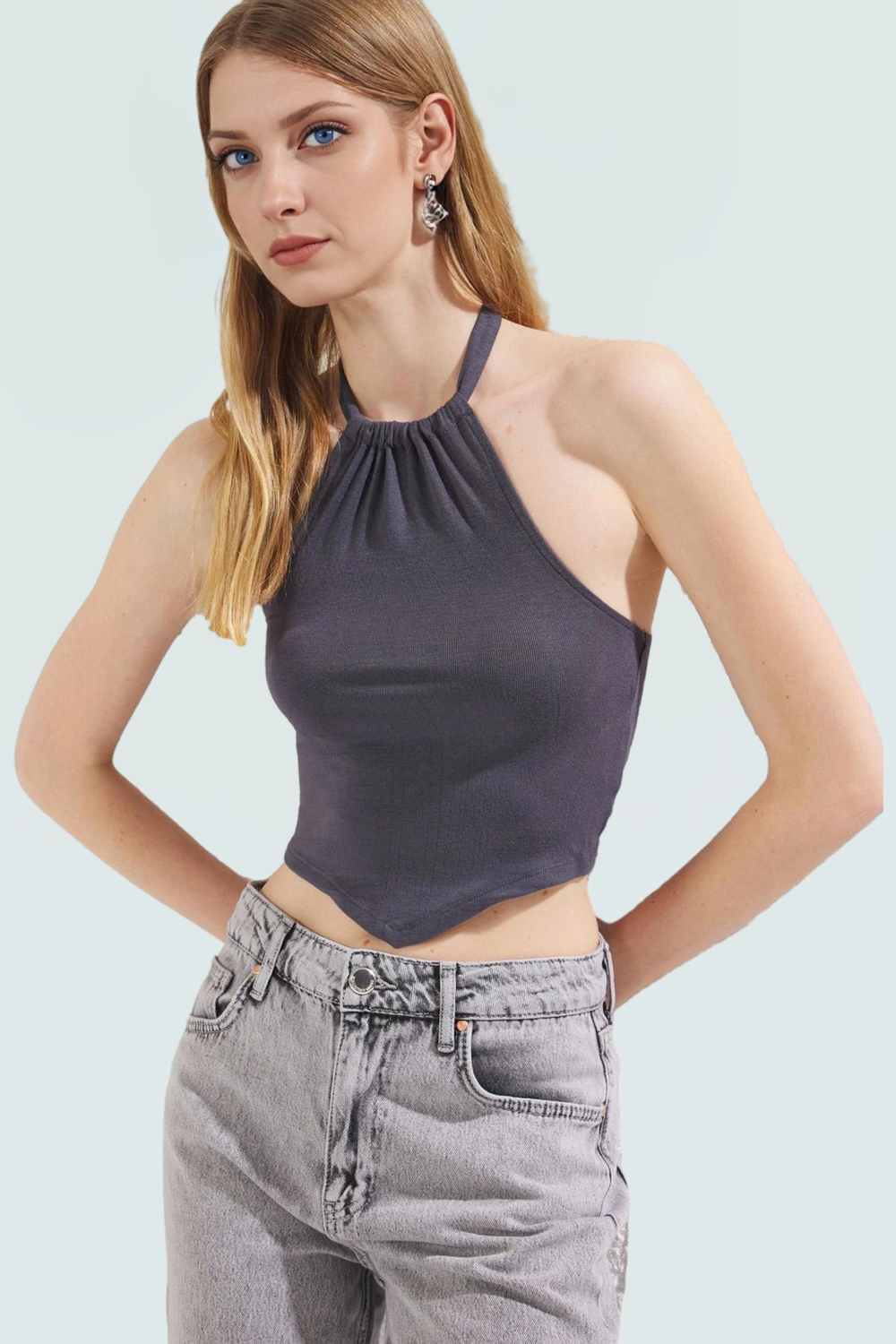 Yazlık Kadın Viskoz Bluz Halter Yaka Crop Fitted Kalıp Dayanıklı Malzeme Yüksek Kalite