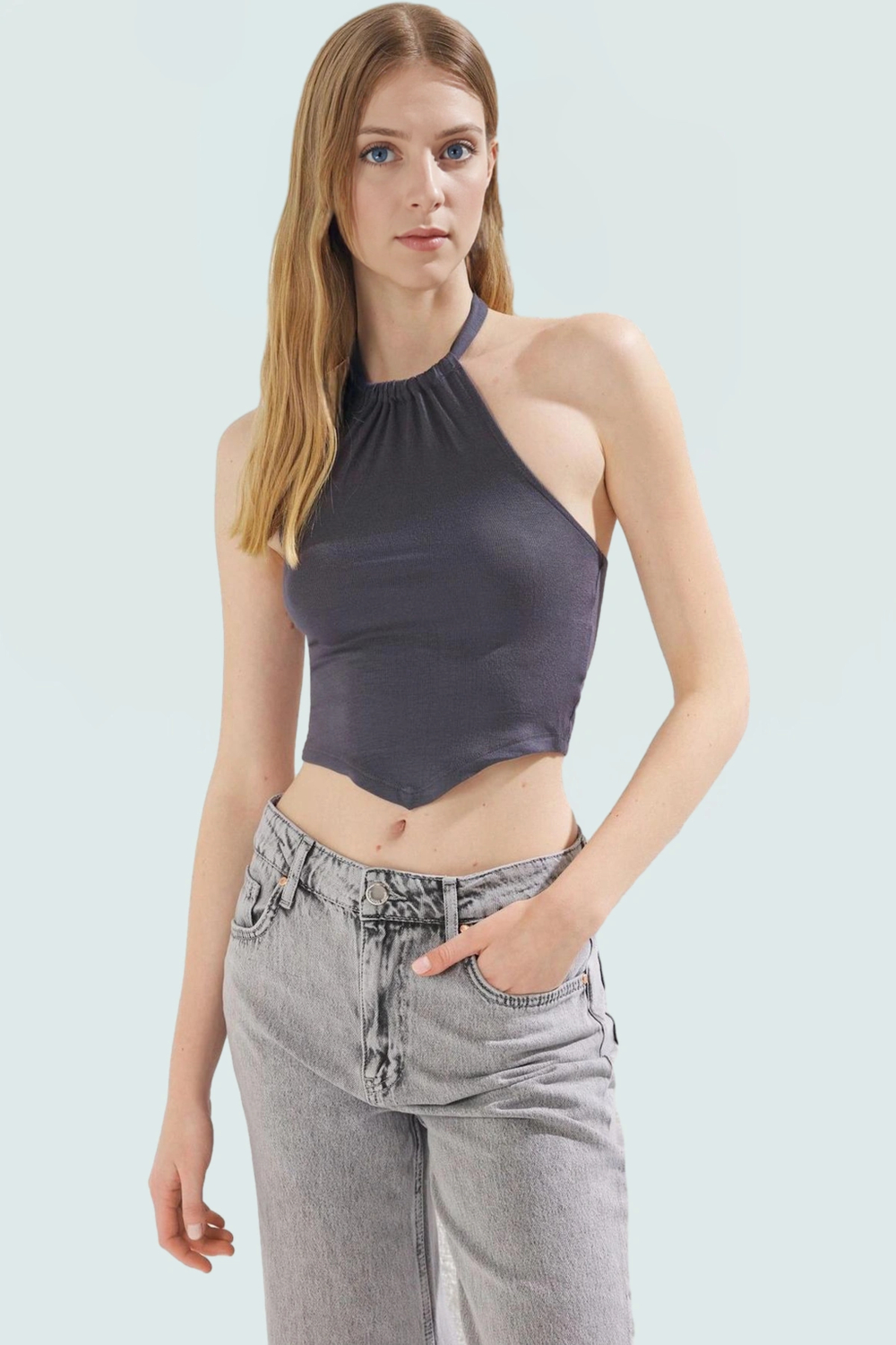 Yazlık Kadın Viskoz Bluz Halter Yaka Crop Fitted Kalıp Dayanıklı Malzeme Yüksek Kalite