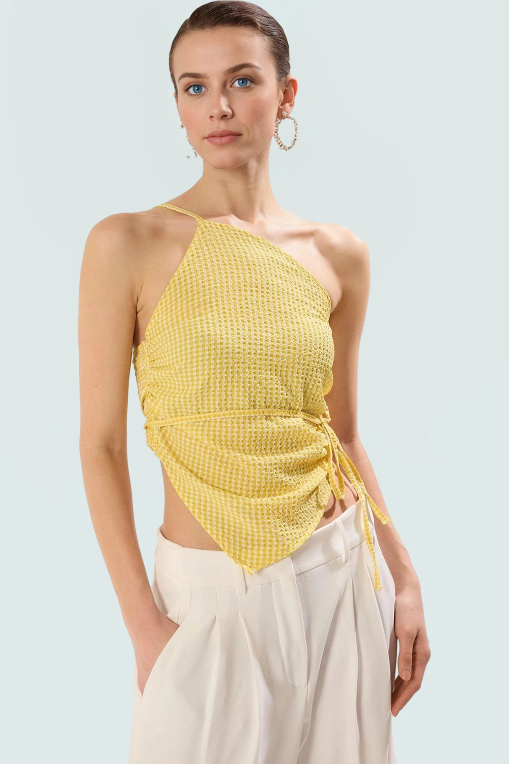Asimetrik Yaka Çizgili Bluz Fitted Kalıp Dokuma Kumaş Yazlık ve Günlük Kullanım İçin