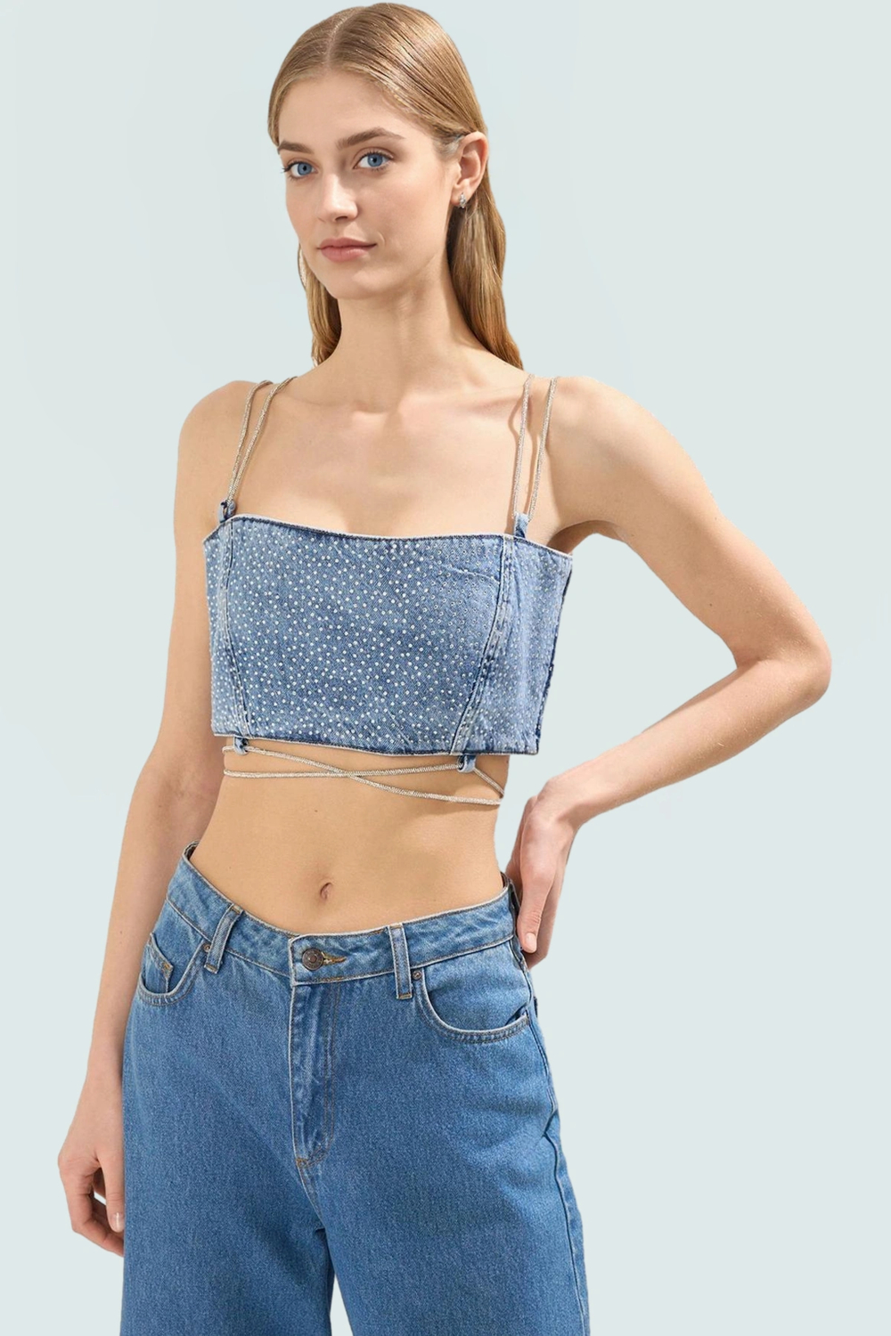Taş Detaylı Denim Super Crop Bluz Yaz Partileri İçin Trend Tasarım Yüksek Kalite