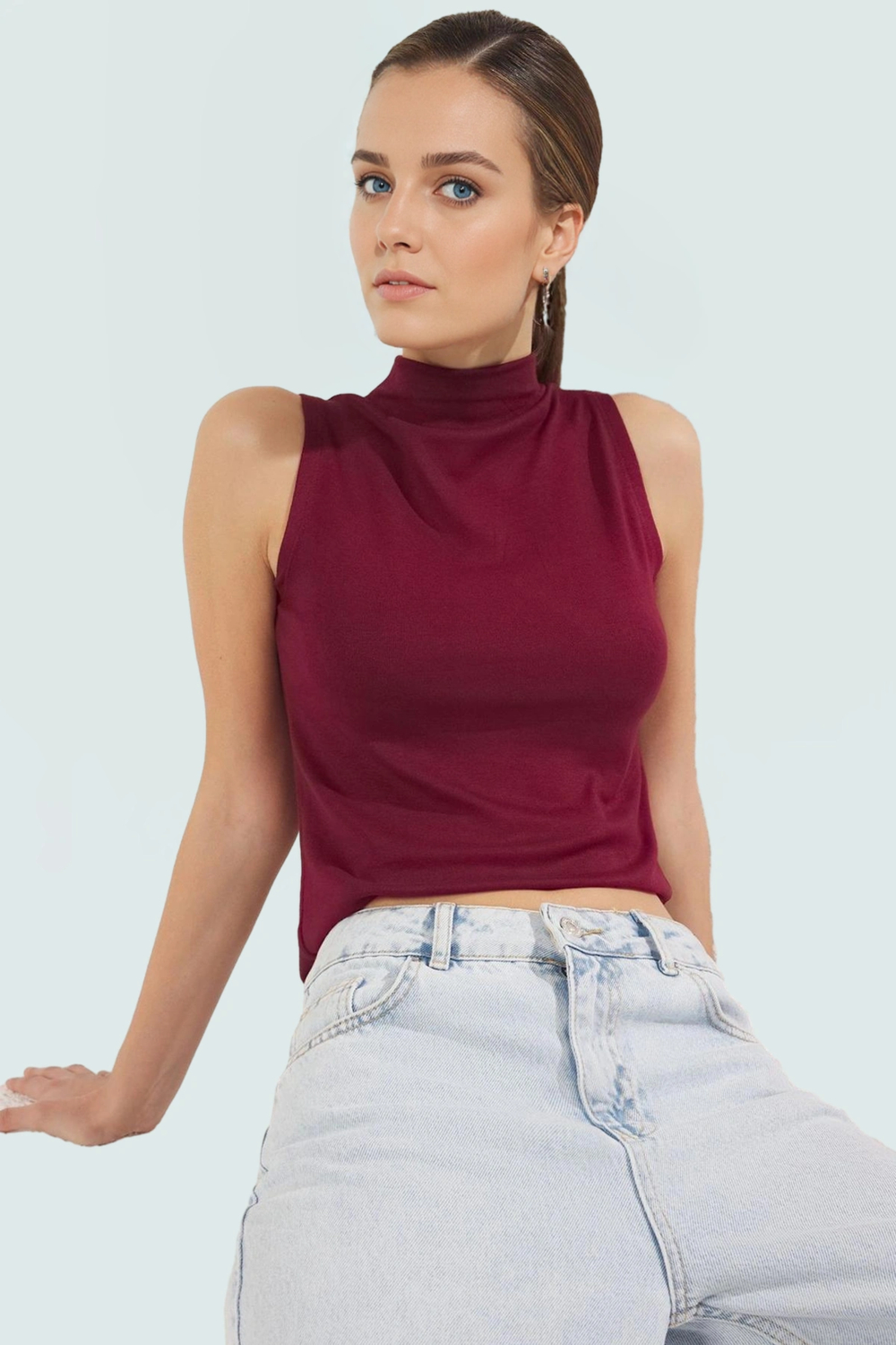 Regular Örme Bluz Dik Yaka Kolsuz Fitted Kalıp Günlük Yüksek Kalite Dayanıklı Malzeme