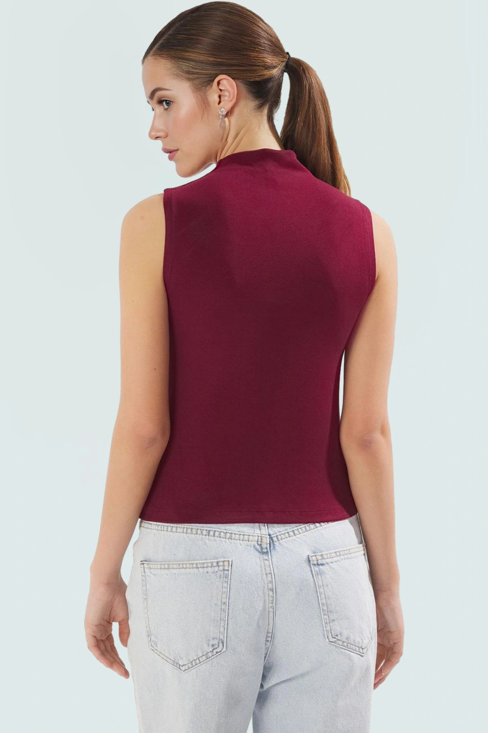 Regular Örme Bluz Dik Yaka Kolsuz Fitted Kalıp Günlük Yüksek Kalite Dayanıklı Malzeme