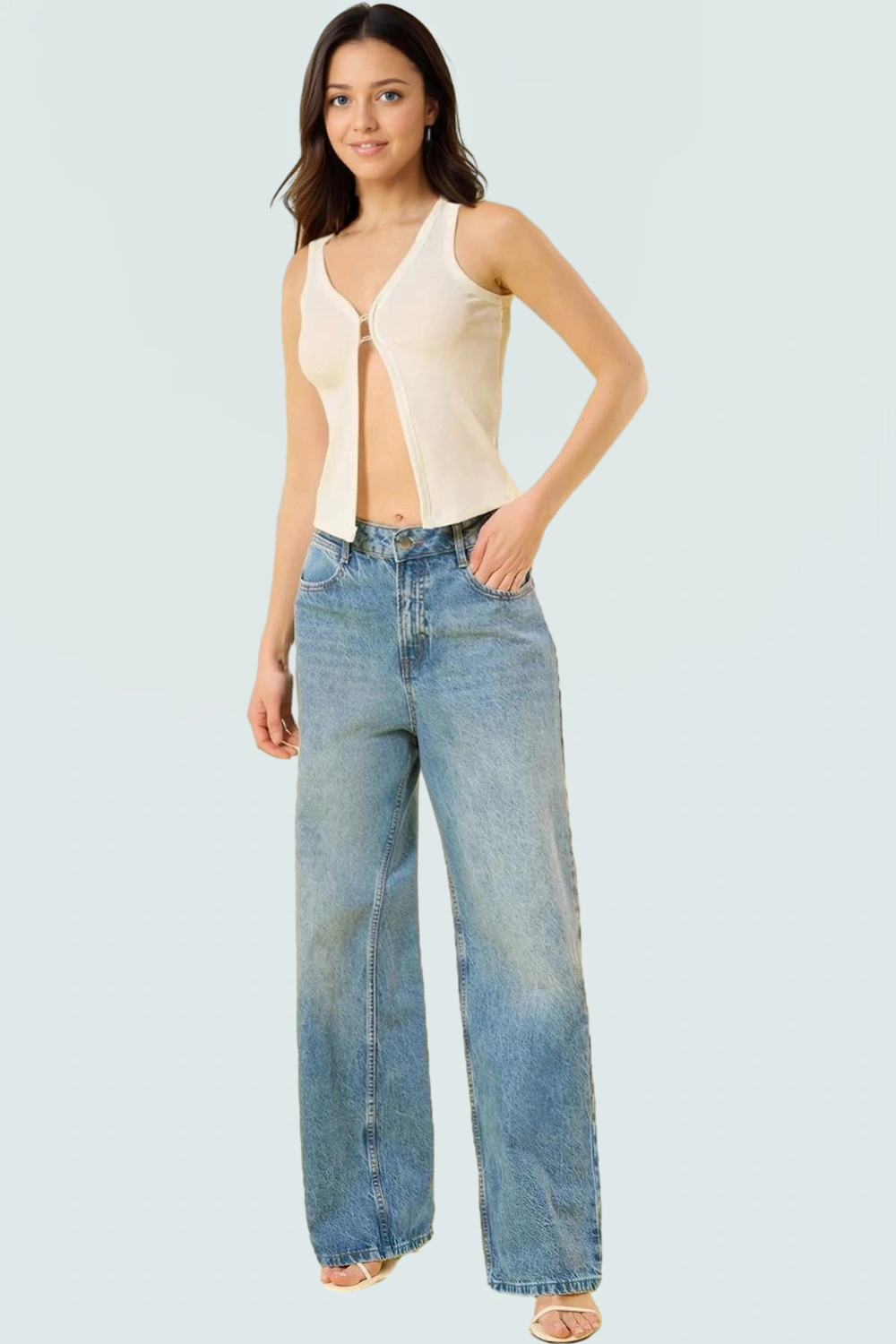 Fitted Crop Bluz Renk Poliviskon Kaşkorse V Yaka Yarım Pat Düğme Seçkin Malzeme