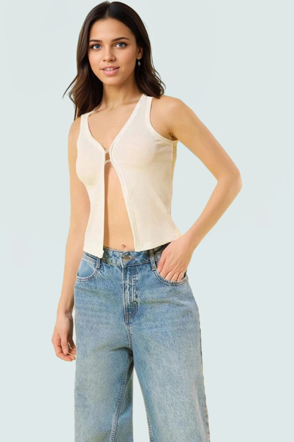 Fitted Crop Bluz Renk Poliviskon Kaşkorse V Yaka Yarım Pat Düğme Seçkin Malzeme
