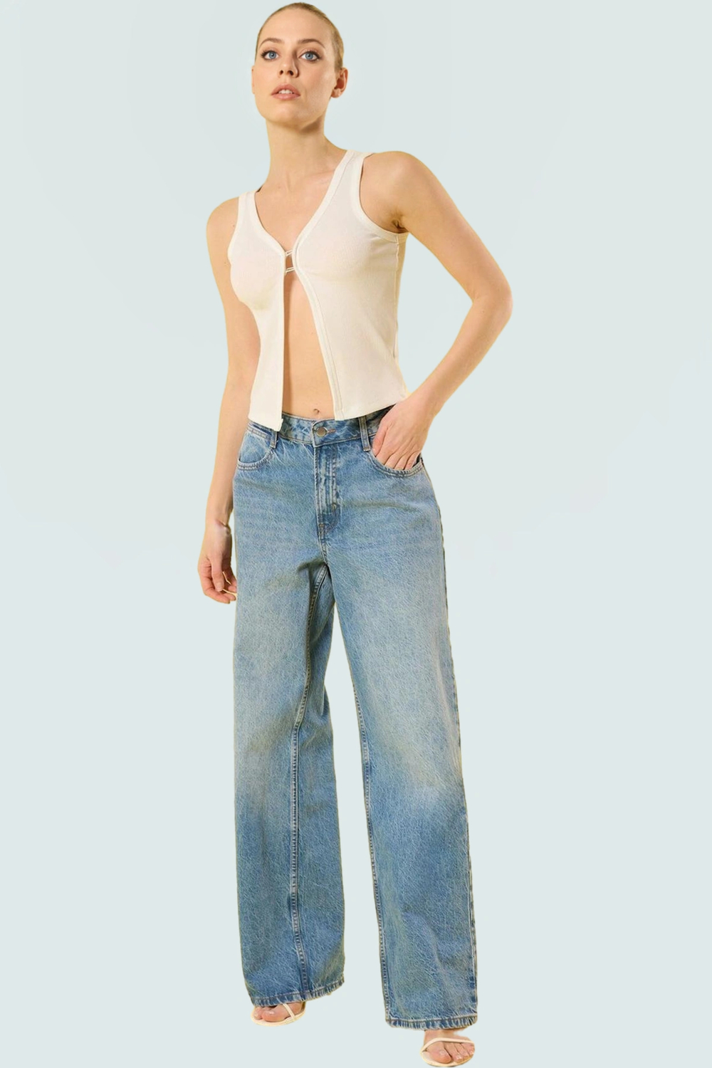Fitted Crop Bluz Renk Poliviskon Kaşkorse V Yaka Yarım Pat Düğme Seçkin Malzeme