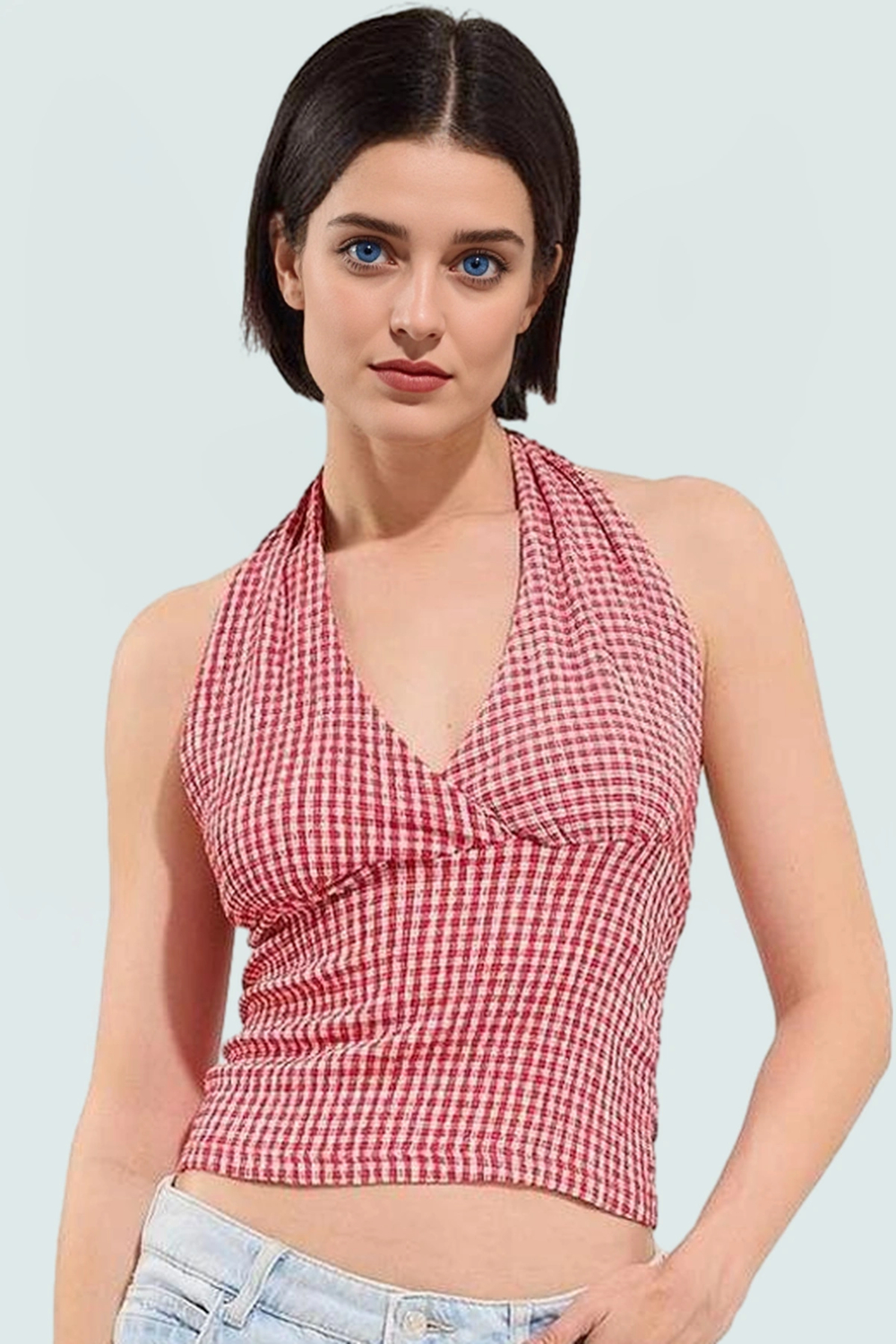 Fitted Örme Bluz Boyundan Bağlamalı Kareli Yazlık Rahat Trend Tasarım Mükemmel Uyum