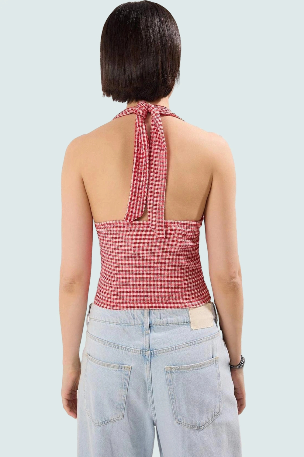 Fitted Örme Bluz Boyundan Bağlamalı Kareli Yazlık Rahat Trend Tasarım Mükemmel Uyum