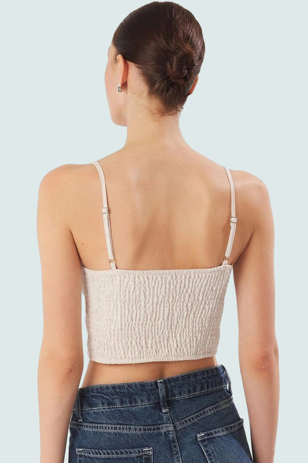 Rahat ve Şık Crop Bluz Keten Görünümlü Dokuma İnce Askılı Yazlık Uzun Ömürlü Trend Tasarım