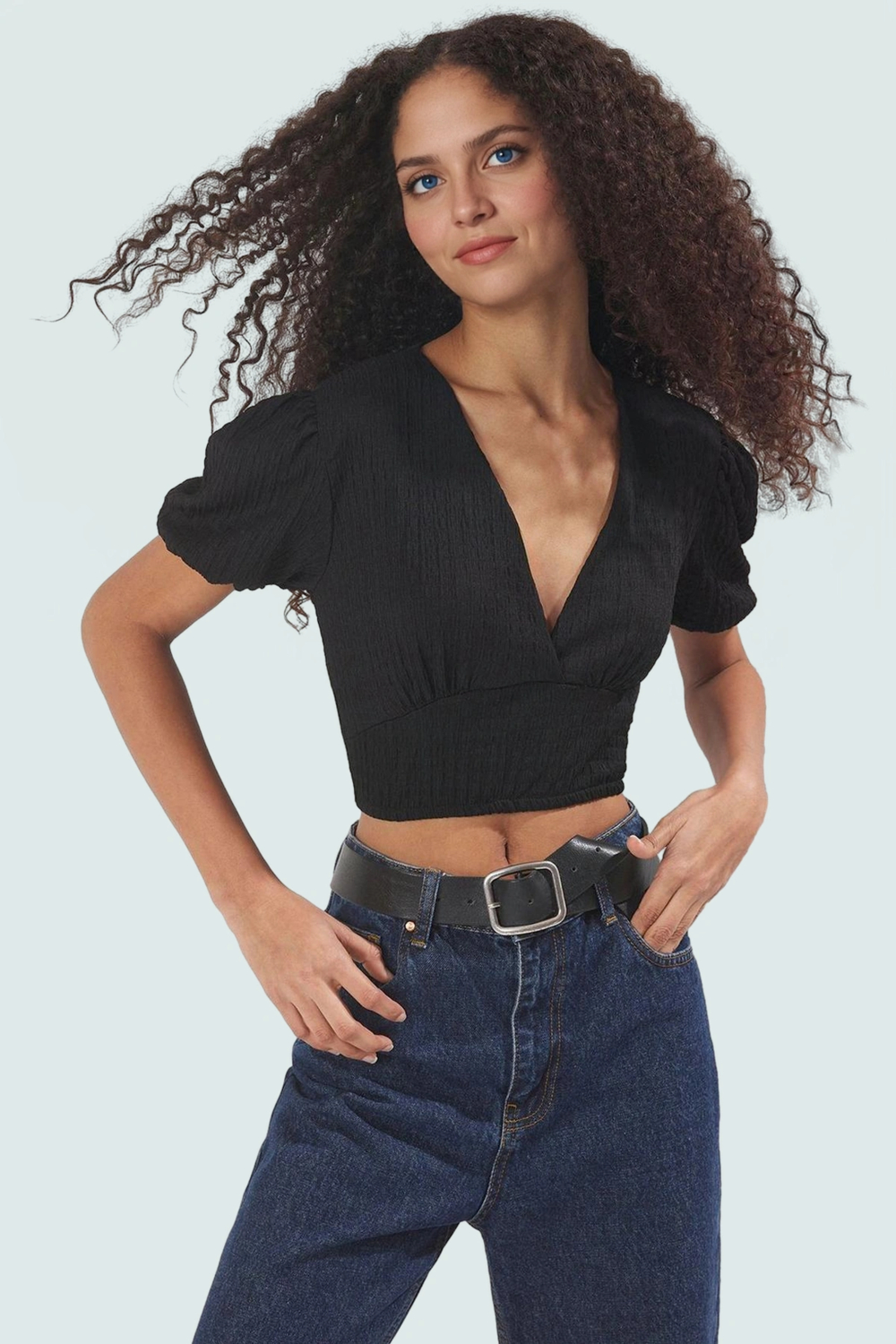 Yazlık Kısa Kol Crop Bluz Bürümcük Dokuma Polyester Örme Rahat Kullanım Günlük İçin