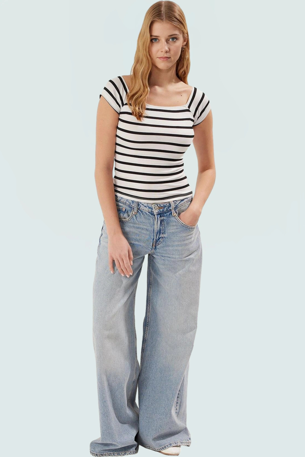 Çizgili Fitted Crop Bluz Vücut Hatlarını Vurgular Yazlık Günlük Kullanım İçin