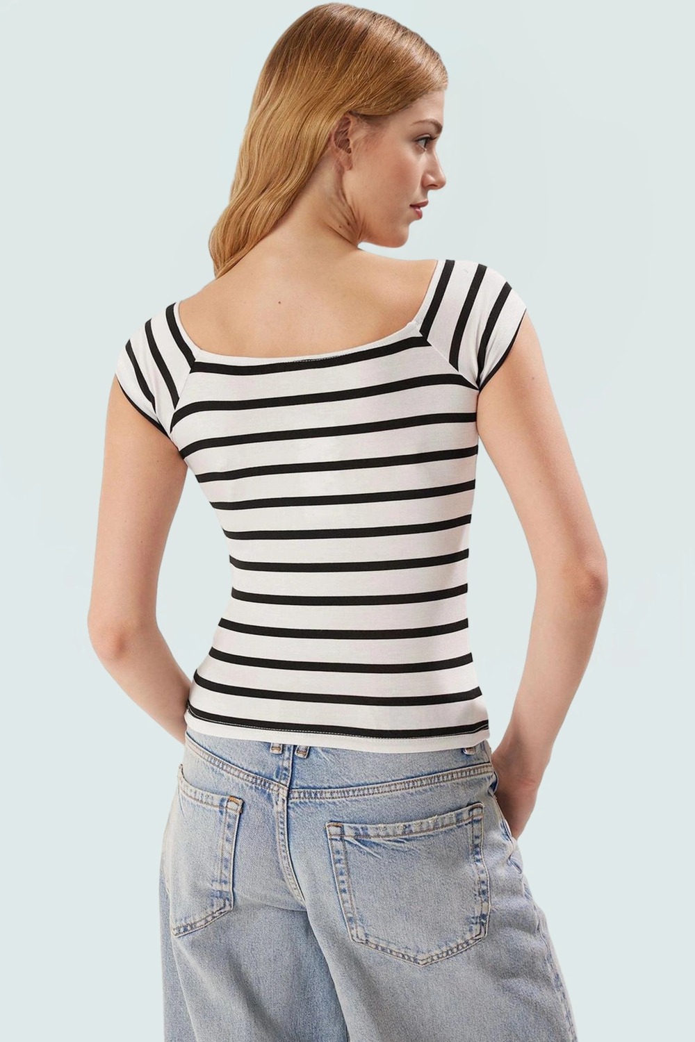 Çizgili Fitted Crop Bluz Vücut Hatlarını Vurgular Yazlık Günlük Kullanım İçin