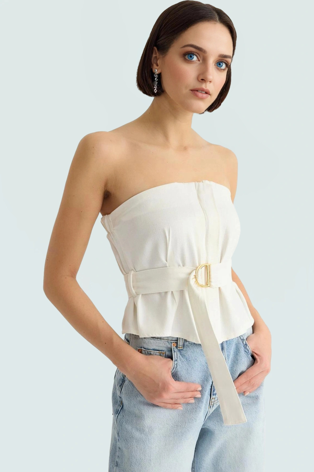 100 Pamuk Gabardin Bluz Kolsuz Straplez Fitted Kemerli Şık Profesyonel Görünüm Rahat Kullanım