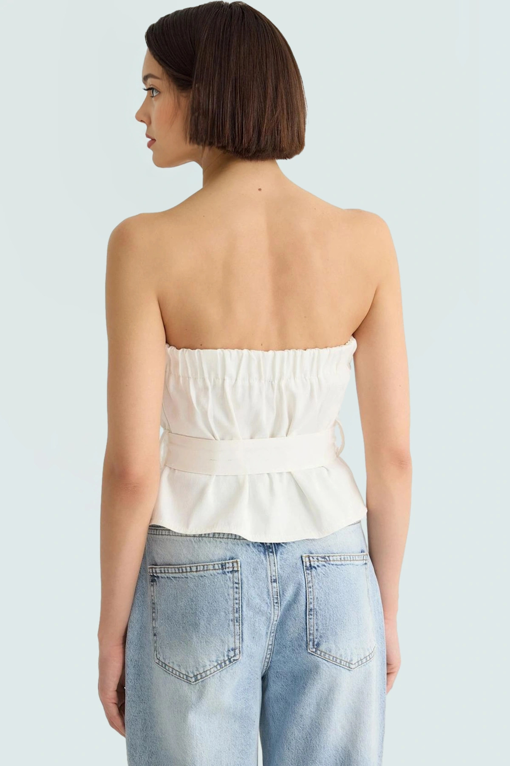 100 Pamuk Gabardin Bluz Kolsuz Straplez Fitted Kemerli Şık Profesyonel Görünüm Rahat Kullanım