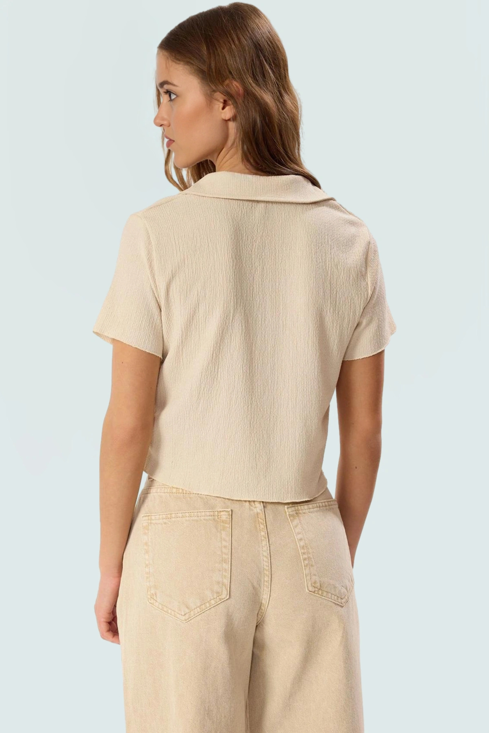 Örme Bürümcük Dokulu Crop Bluz Polo Yaka Kısa Kollu Seçkin Malzeme Zarifane Tasarım