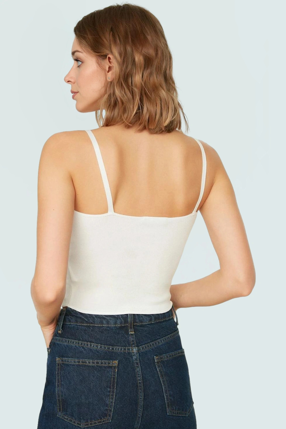 Super Crop Büstiyer Triko Kumaş Kalp Yaka İnce Askılı Rahat Günlük Stil