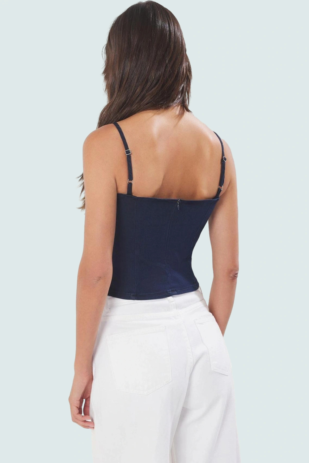 İnce Askılı Denim Crop Bluz Fitted Kalıp Kalp Yaka Stretch Yazlık Şık Görünüm Özel Tasarım