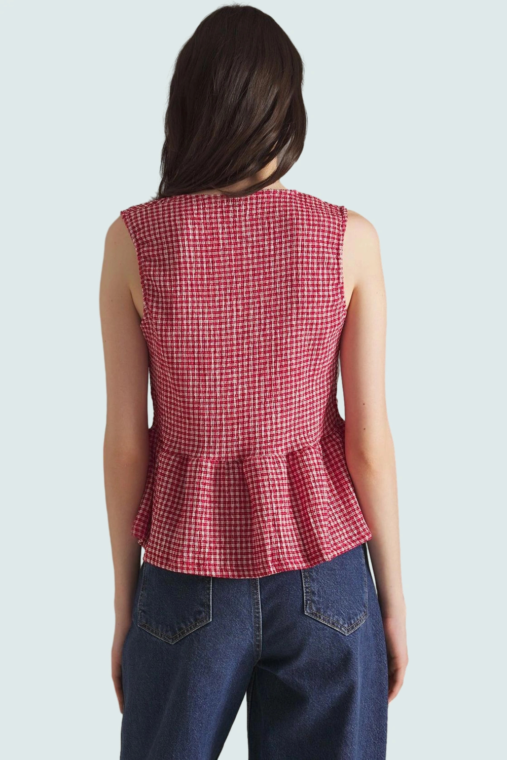 Kolsuz Ekose Bluz Polyester Elastan Jakarlı Örme Yazlık Günlük Rahat Ve Şık