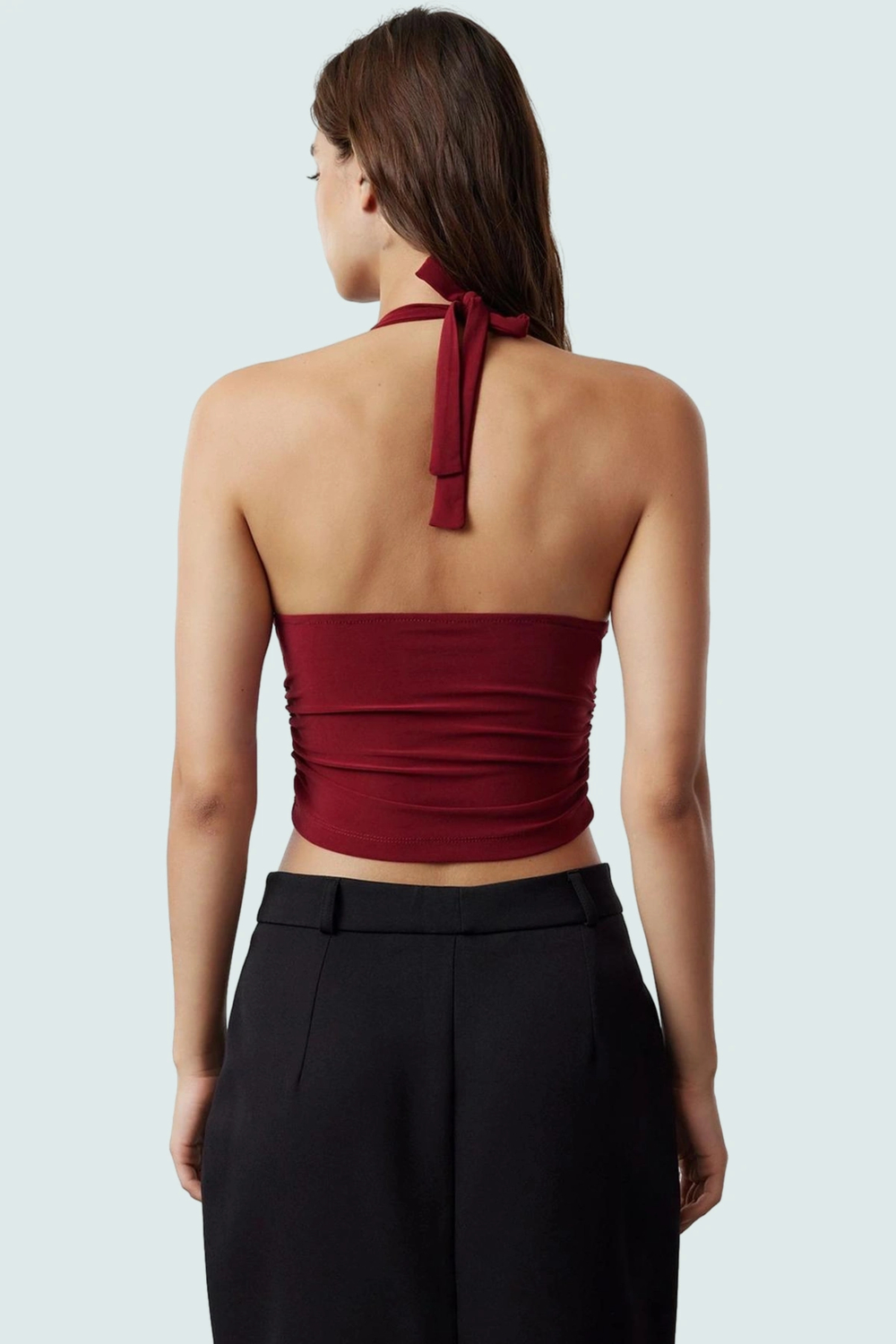 Vücuda Oturan Boyundan Bağlamalı Crop Bluz Polyester Elastan Sandy Dokuma Yüksek Kalite