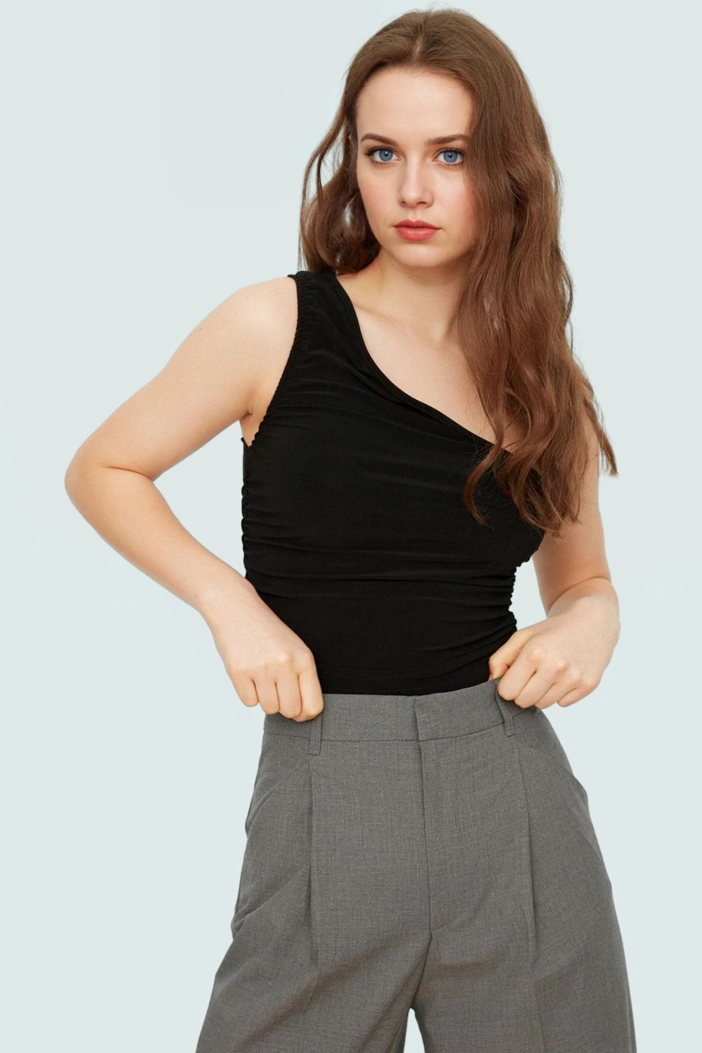 Fitted Tek Omuz Bluz Esnek Örme Crop Boy Modern Stil Premium Kalite Seçkin Malzeme