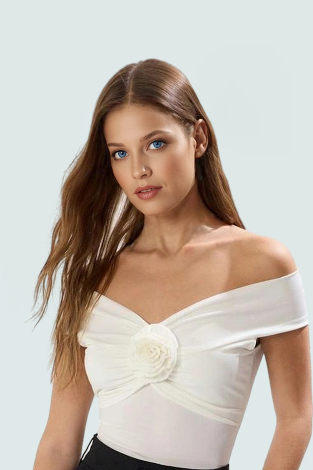 Rahat Fitted Bluz %96 Polyester %4 Elastan Carmen Yaka Zarifane Tasarım