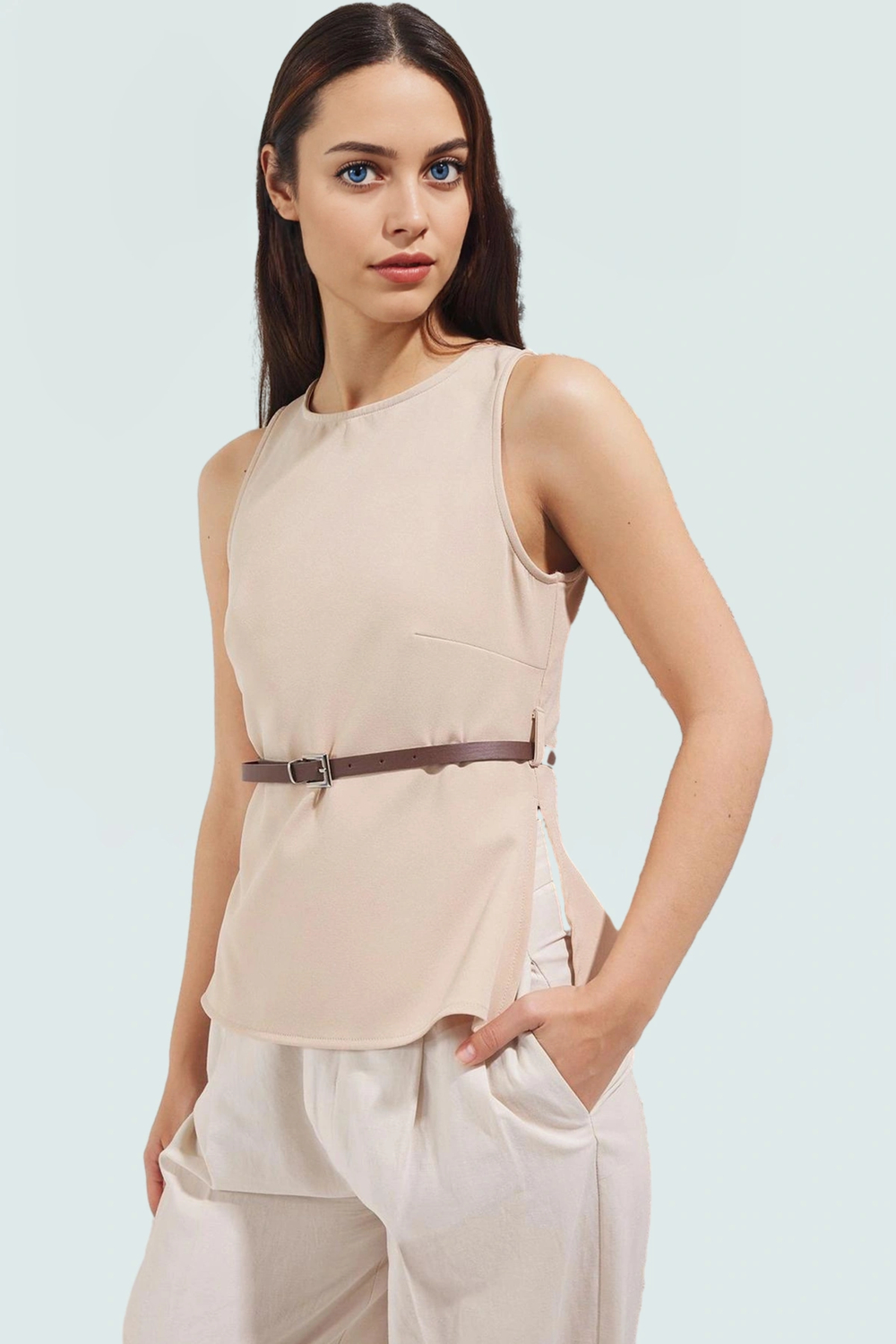 Kolsuz Bluz Finike Dokuma Slim Fit Bisiklet Yaka Özel Tasarım Yüksek Kalite