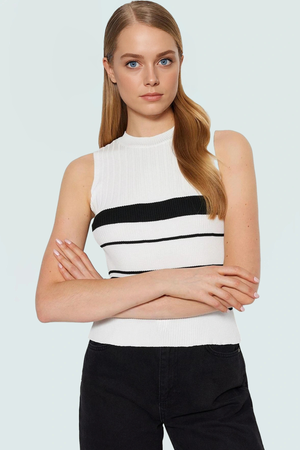 Renk Bloklu Kolsuz Triko Bluz Rahat Kalıp Polyester Yazlık Modern Stil Şık Görünüm Uzun Ömürlü