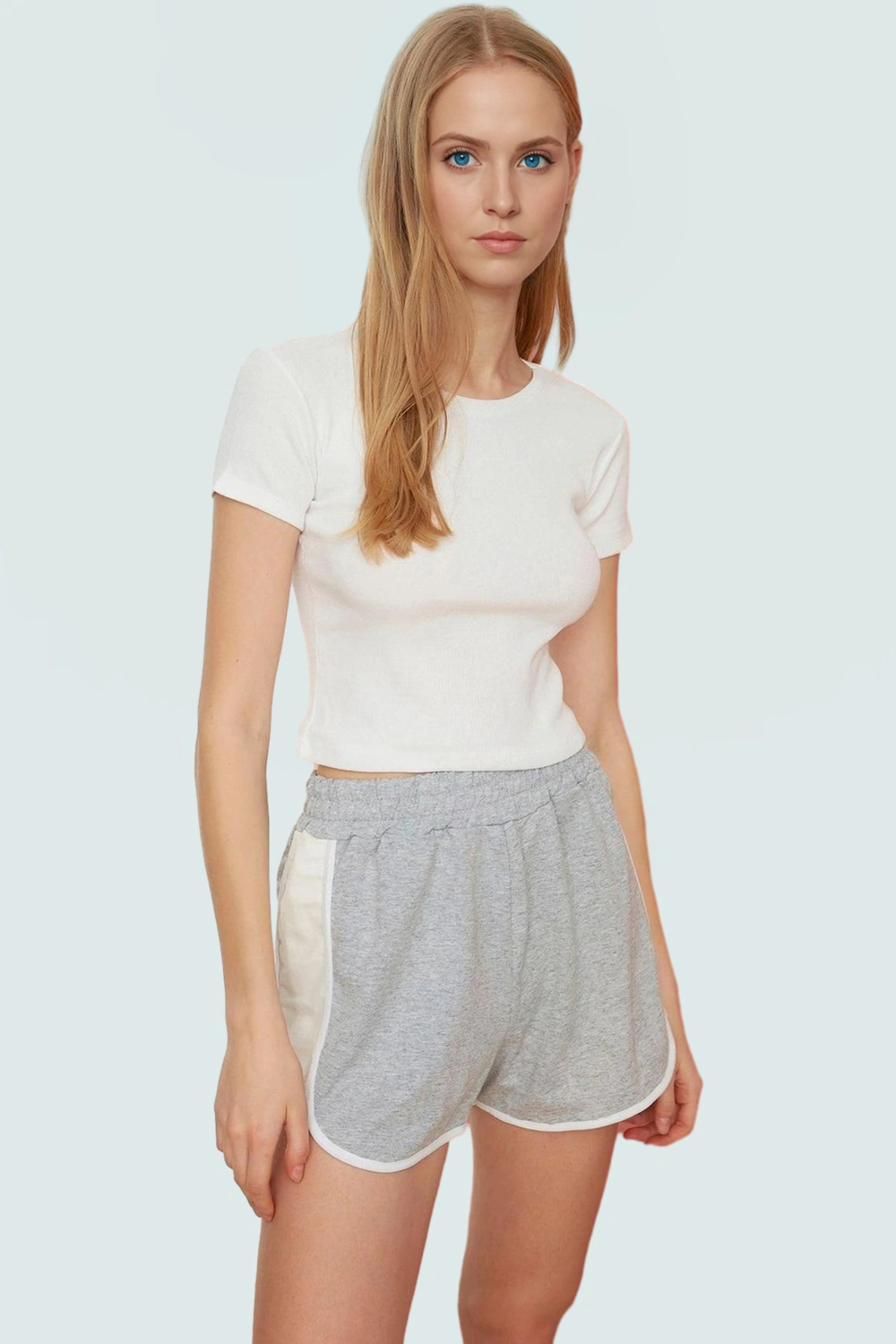 Fitted Crop Bluz Esnek Örme Bisiklet Yaka Rahat Yazlık Özel Tasarım Zarifane