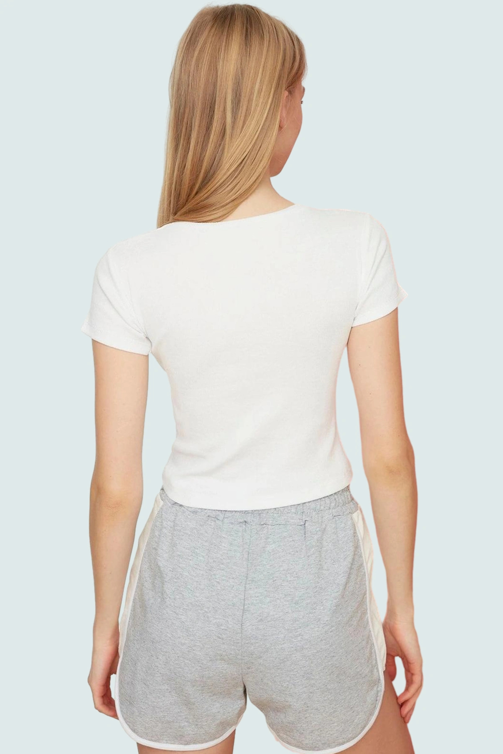 Fitted Crop Bluz Esnek Örme Bisiklet Yaka Rahat Yazlık Özel Tasarım Zarifane