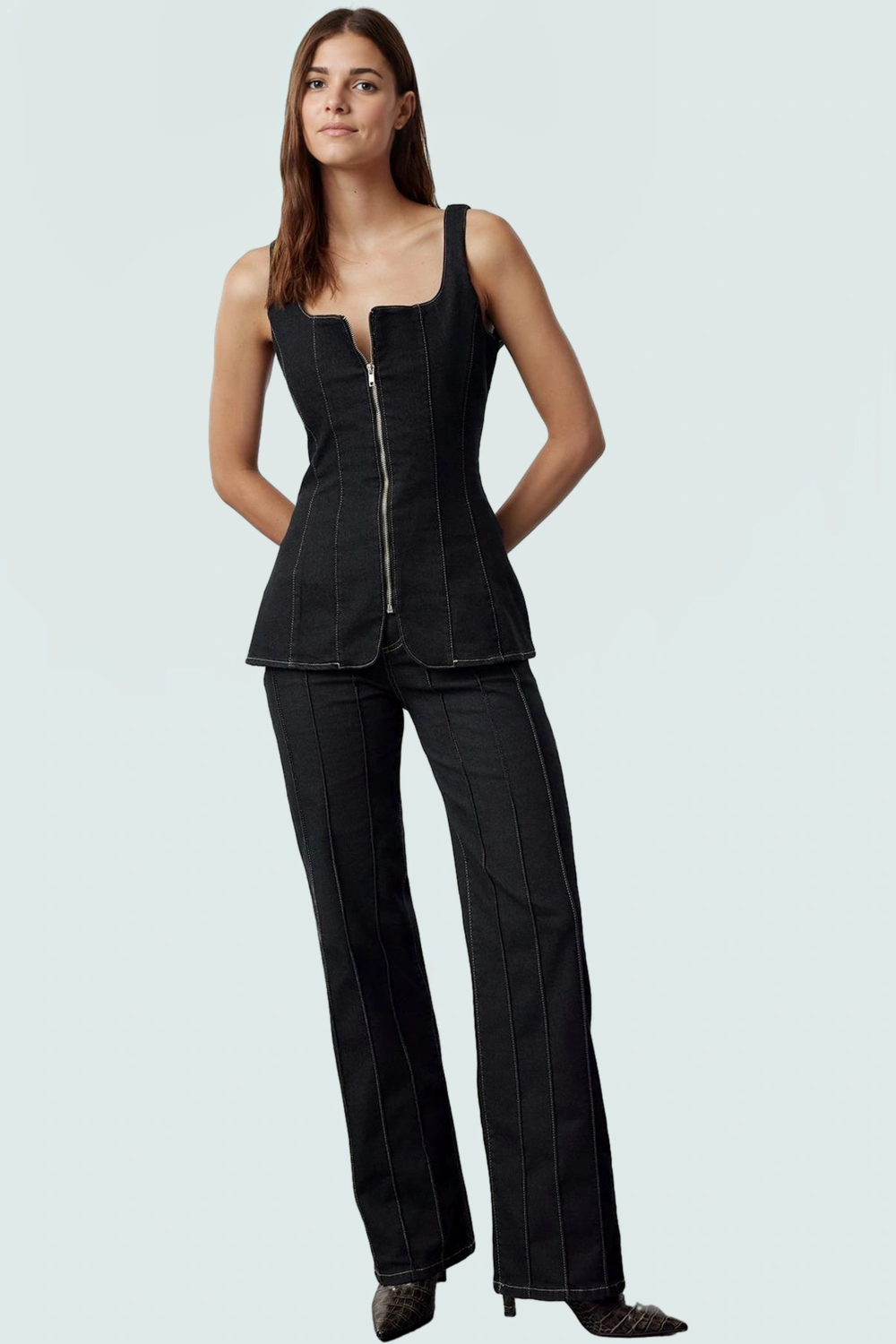 Kolsuz Denim Bluz Fermuarlı Kare Yaka Stretch Zarifane Tasarım Profesyonel Görünüm