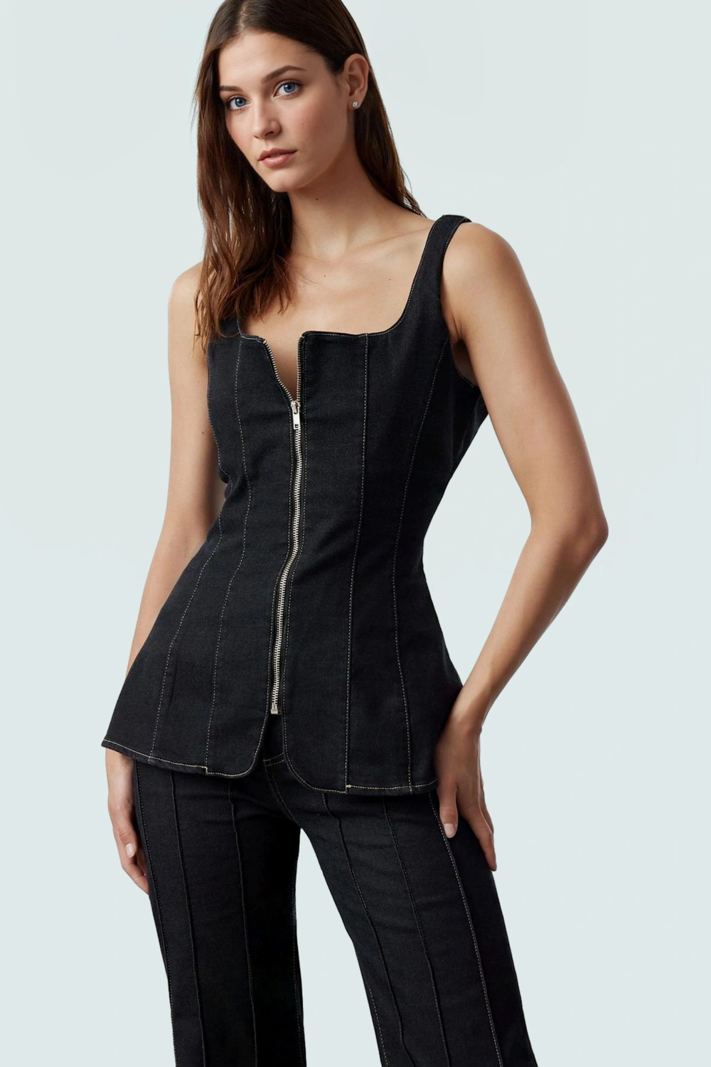 Kolsuz Denim Bluz Fermuarlı Kare Yaka Stretch Zarifane Tasarım Profesyonel Görünüm