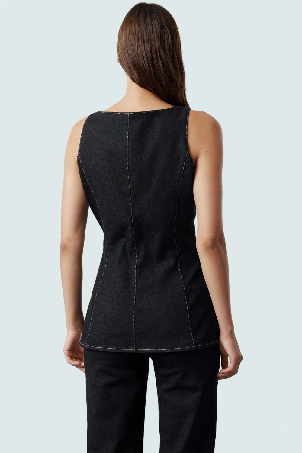 Kolsuz Denim Bluz Fermuarlı Kare Yaka Stretch Zarifane Tasarım Profesyonel Görünüm
