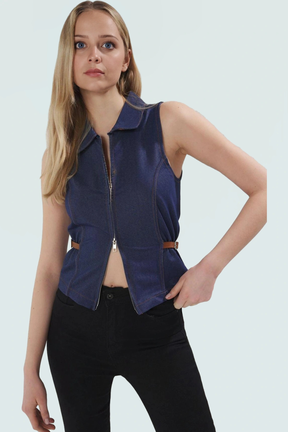 Denim Bluz 2 İplik Penye Örme Full Fermuar Aksesuar Detaylı Rahat Kalıp Yüksek Kalite