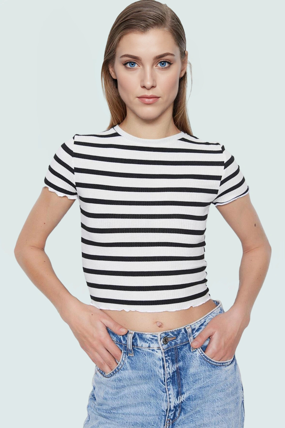 Kısa Kollu Çizgili Örme Bluz Rahat Şık Fitted Kalıp Kaliteli İşçilik Günlük Kullanım İçin
